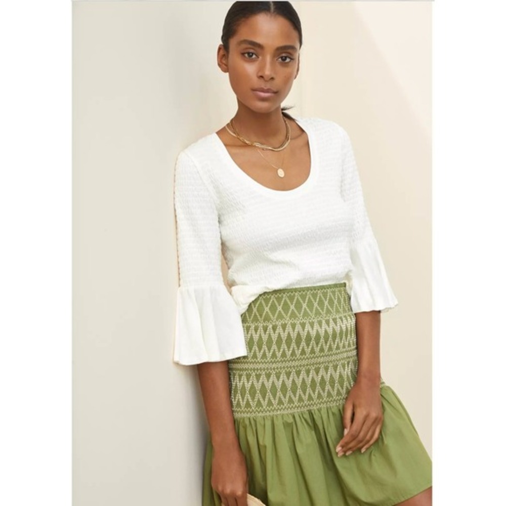 Anthropologie Smocked Bell Sleeve Cropped Top Cream White Knit Textured Size M